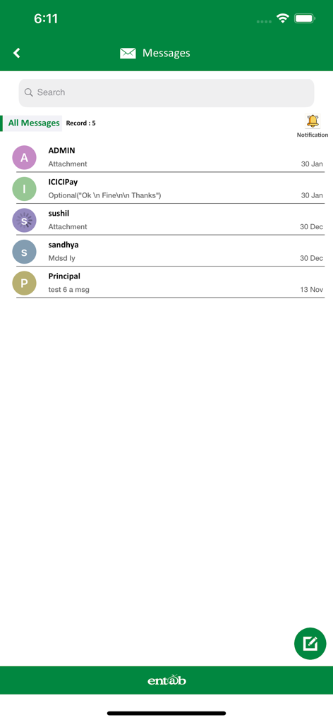 CampusCare - CampusCare app message inbox screen displaying school communication and notifications.