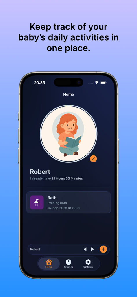 Pantalla de inicio de la aplicación Minimi que muestra el seguimiento de la actividad del bebé y el perfil