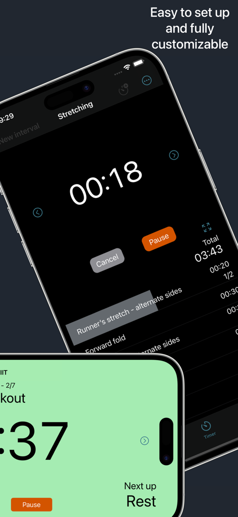 Next Up Pro - Interval Timer - Next Up Pro interval timer interface showing a stretching routine and countdown
