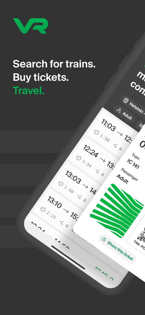 VR Matkalla App-Oberfläche, die Zugfahrpläne und ein digitales Fahrgastticket anzeigt
