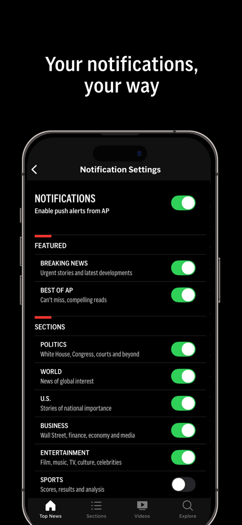 AP News - Pantalla de configuración de notificaciones de la aplicación AP News que muestra alertas personalizables para noticias de última hora y secciones como política, mundo y negocios.