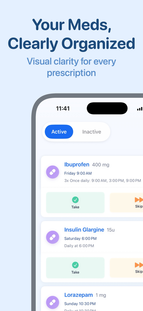Pillio Pill Reminder & Tracker - Pillio app screen showing a clear and organized list of active medications and dosages