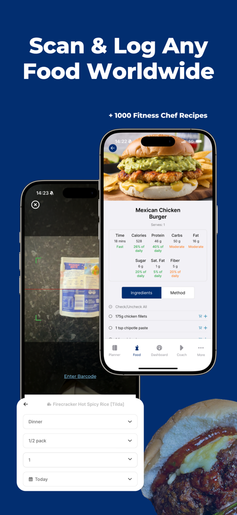 The Fitness Chef - The Fitness Chef mobile app interface showing food scanning and healthy recipe nutrition tracking