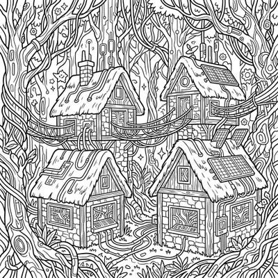 Step into a world where nature meets advanced technology with our Cyberpunk Forest Cottages coloring page. This intricate design offers a fascinating blend of rustic charm and futuristic flair, perfect for imaginative colorists.