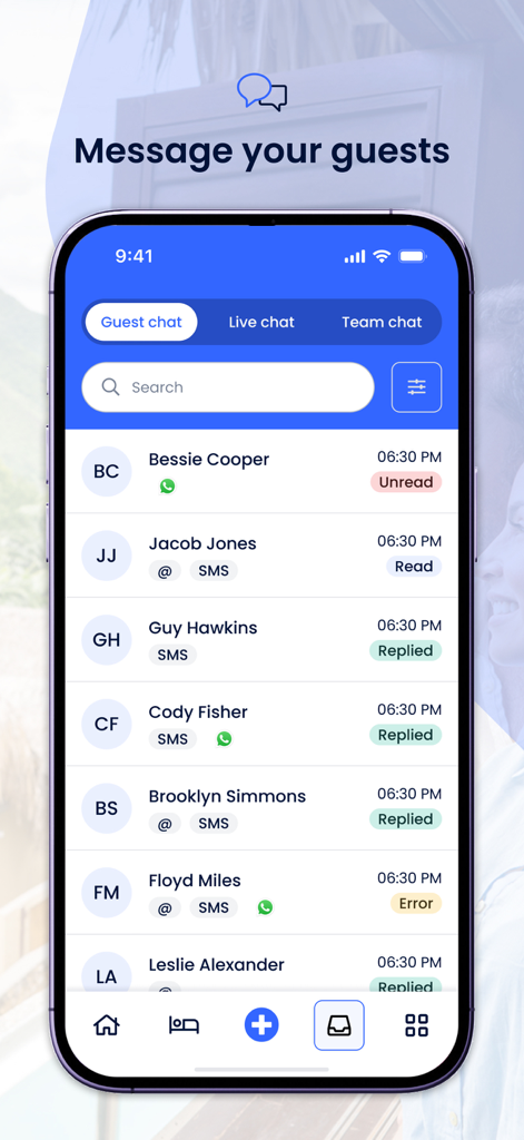 Cloudbeds - Cloudbeds app guest messaging screen showing a list of guest chats and message statuses