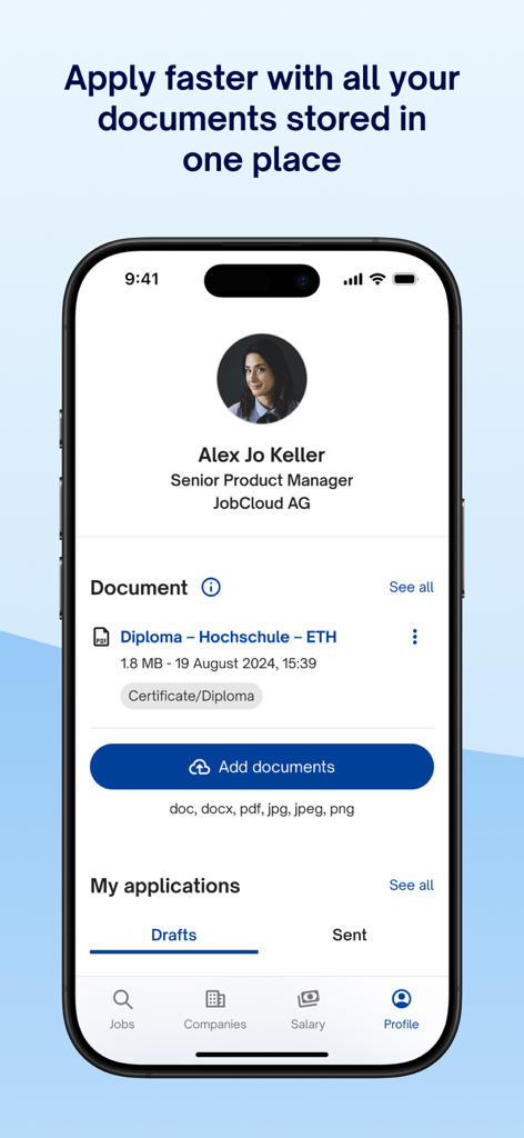 User profile screen in the jobs.ch app showing stored diplomas and documents for faster job applications