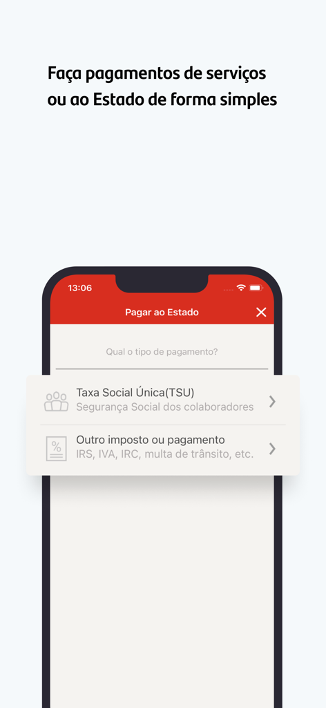 Santander Empresas Portugal - Mobile app interface of Santander Empresas Portugal showing the government tax payment section with options for social security and other taxes