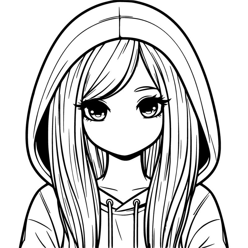 cartoon realistic girl with strait hair and a hoody