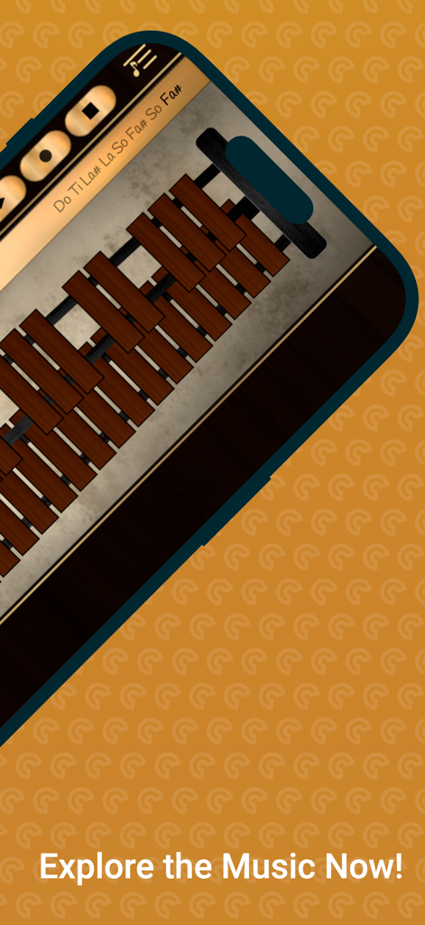 Interfaz de la aplicación Xylophone Sim mostrando barras de madera y notación musical en la pantalla de un teléfono inteligente