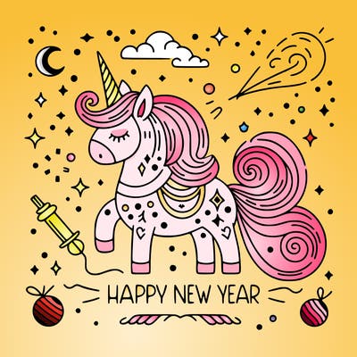 happy new year illustration calligraphic style outline; thin lines; light colors