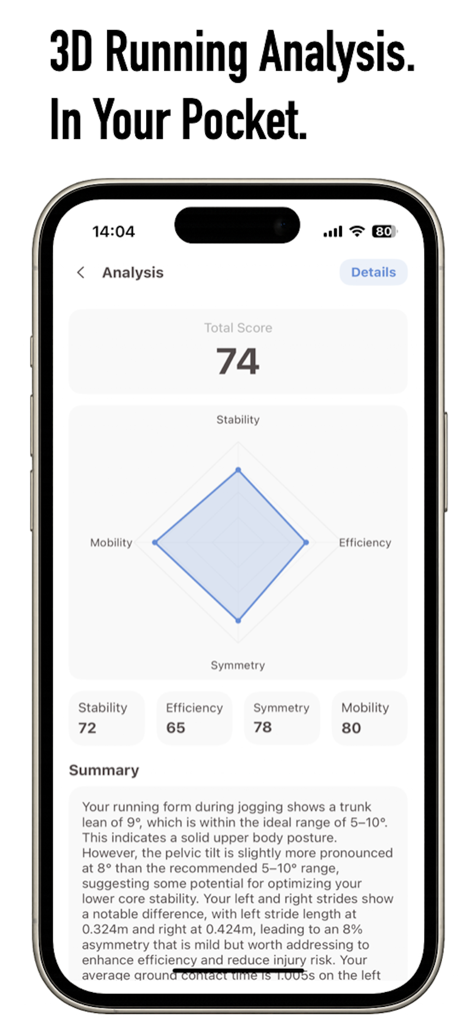 RUN! - 3D Running Analytics - Screenshot of the RUN app showing a 3D running analysis report with a total score and a biomechanics radar chart.