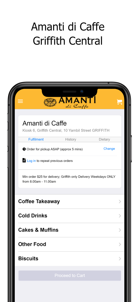 Amanti di Caffeモバイルアプリのメニュー画面。コーヒーのテイクアウトとフードのカテゴリーが表示されています。