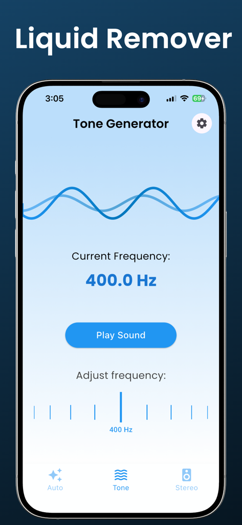 Pantalla del Generador de Tonos en la aplicación Eliminador de Líquido que muestra una frecuencia de 400 Hz para el mantenimiento de altavoces