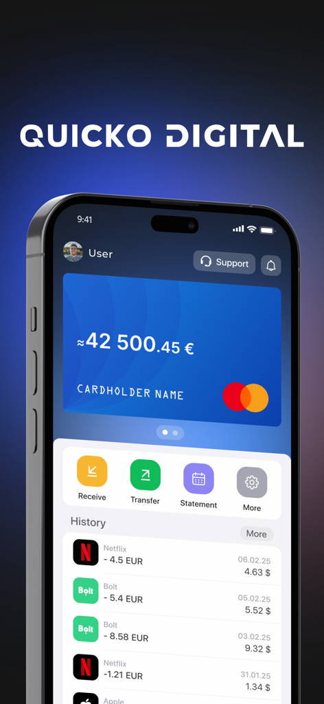 Quicko Digital - Quicko Digital mobile app interface showing a virtual payment card and transaction history