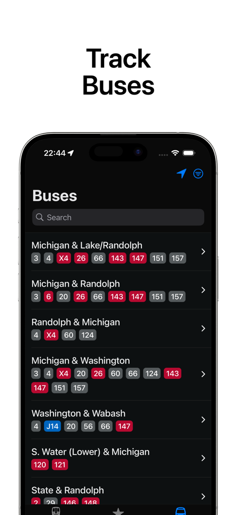 ChiGo - Chicago Trains & Buses - ChiGo app interface displaying a list of Chicago CTA bus stops and route numbers in dark mode