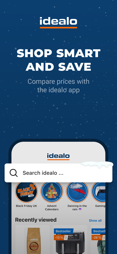 idealo - Price Comparison - Pantalla de inicio de la app idealo que muestra el eslogan 'compra inteligentemente y ahorra' con varias categorías de productos y barra de búsqueda