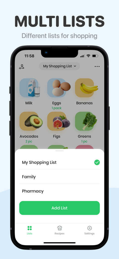 Interfaz de la aplicación ToBuy que muestra la función de múltiples listas de la compra para diferentes necesidades como familia y farmacia