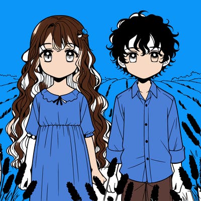 catnip manga brother and sister sister with  long curly hair and brother with curly hair too in a lavender field