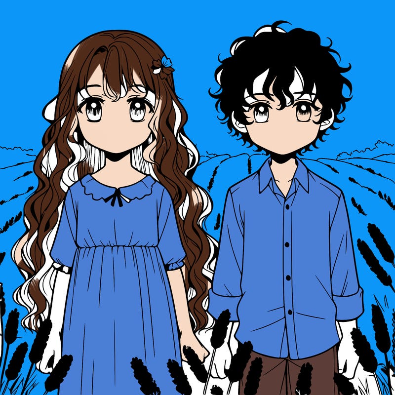 catnip manga brother and sister sister with  long curly hair and brother with curly hair too in a lavender field