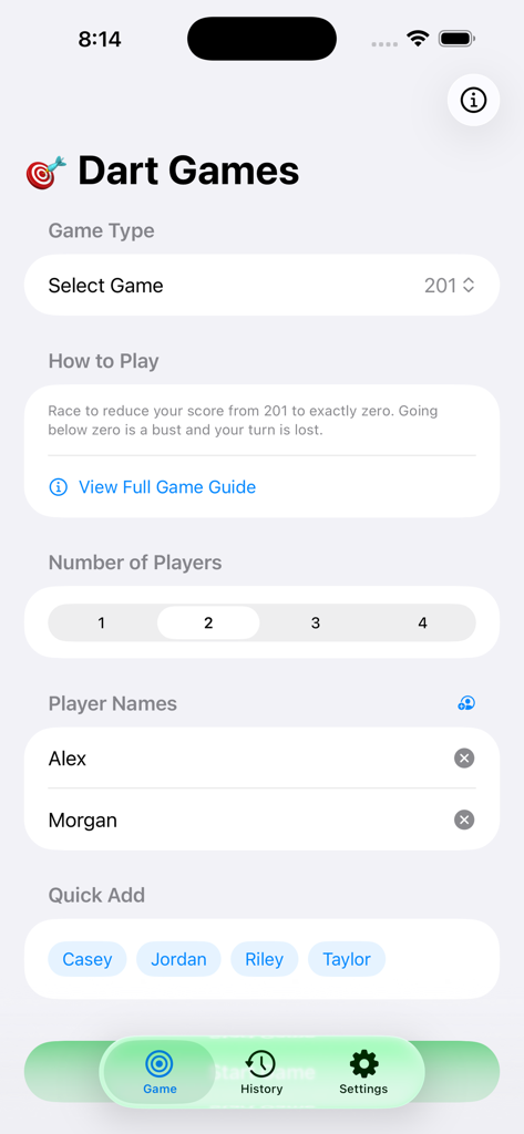 201 게임 유형 선택 및 Alex와 Morgan의 플레이어 이름 입력을 보여주는 다트 게임 앱 설정 화면