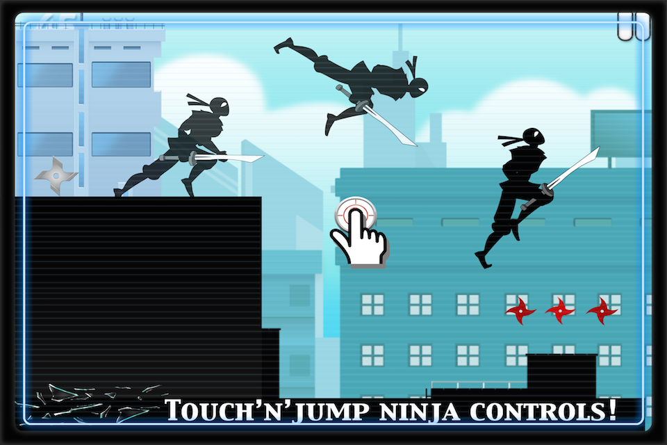 Ninja Parkour Dash 2: Escaping Vector Samurai Shurikens Fight - A black ninja silhouette jumping across city rooftops in Ninja Parkour Dash 2 with a touch to jump control overlay