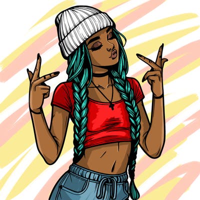realistic teenage girl with braids and a beanie and crop top doing 🫶🏼