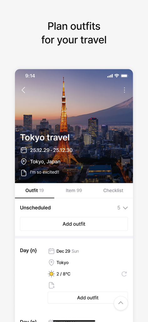 Acloset - AI Fashion Assistant - Schermata dell'app Acloset per la pianificazione di outfit da viaggio, comprese le date del viaggio e le previsioni meteo giornaliere per Tokyo.