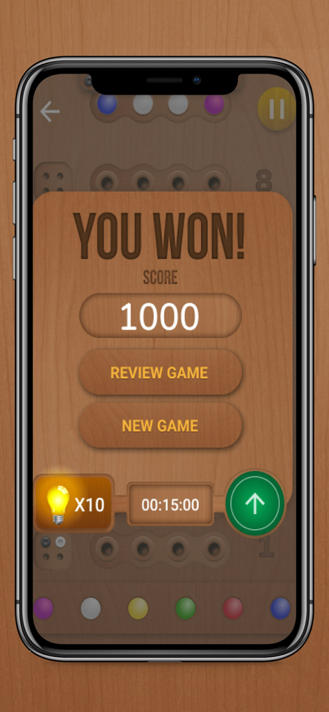 Codebreaker Game - Board Game - Victory screen for the Codebreaker board game app showing a score of 1000 on a wooden themed interface