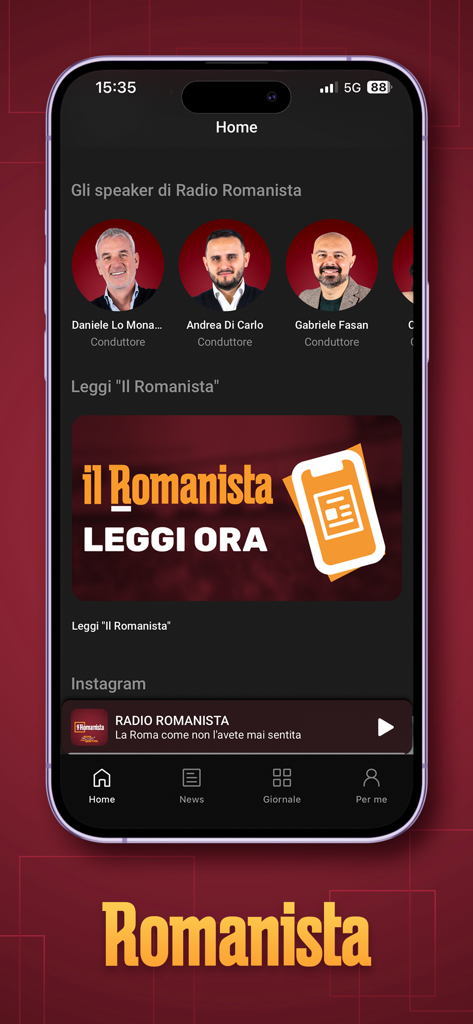The App Romanista home screen interface featuring radio personalities and newspaper access