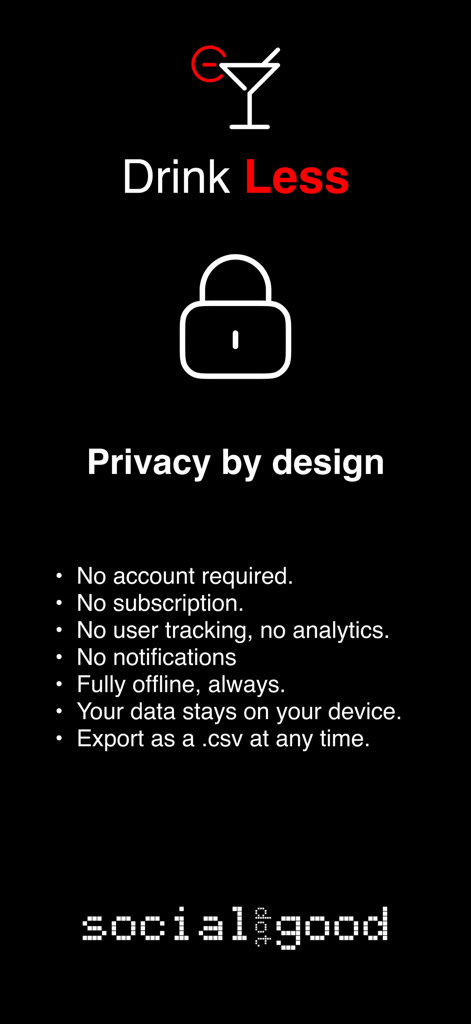 Screenshot dell'app Drink Less che mostra le sue funzionalità di privacy, inclusa l'archiviazione dei dati offline e nessun requisito di account.