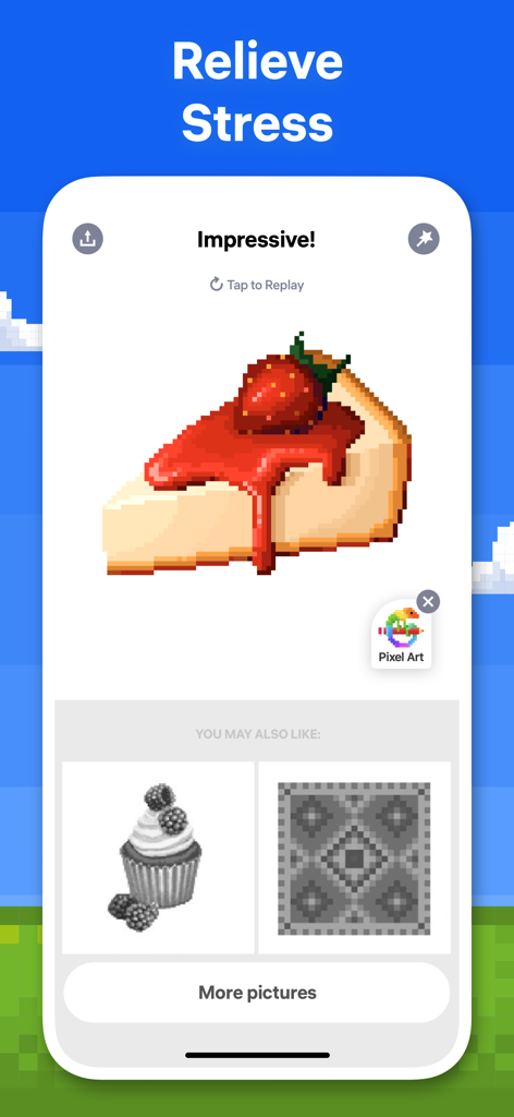Completed pixel art drawing of a strawberry cheesecake slice in a relaxation app interface