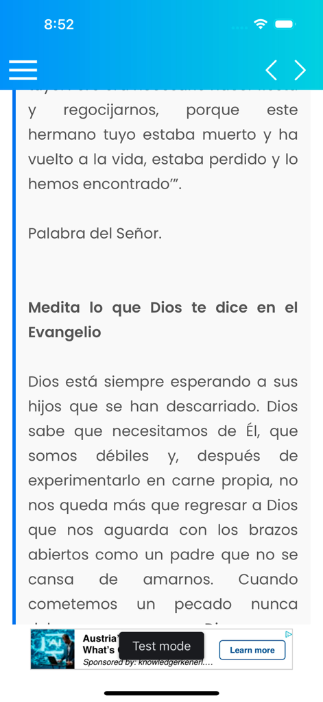 Evangelio del dia Explicado - Schermata di meditazione quotidiana del Vangelo in spagnolo che mostra riflessioni spirituali e testo religioso.