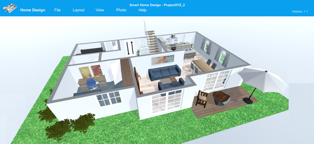 Una planimetria 3D di una casa arredata, compresi soggiorno e patio esterno con ombrellone
