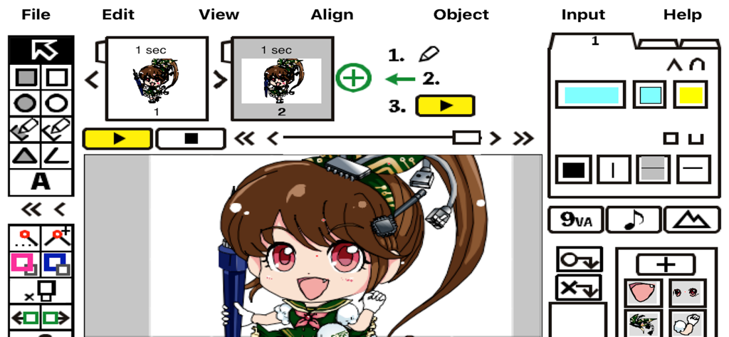 9VAePro - 9VAePro App-Oberfläche, die 2D-Vektor-Animationswerkzeuge und eine Anime-Figur zeigt