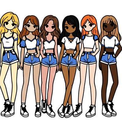 a group of girls wearing crop tops and shorts