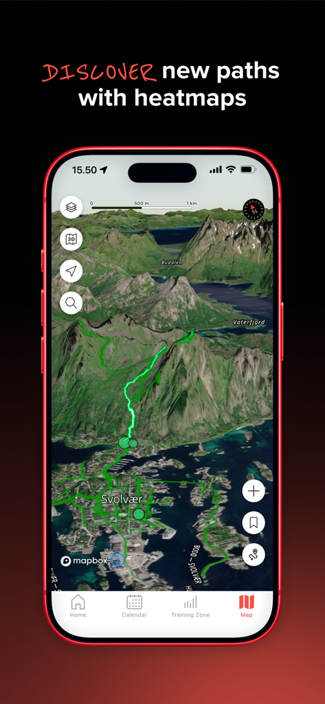 Sports Tracker: Run Bike Hike - Sports Tracker App zeigt eine 3D-Geländekarte mit grünen Heatmap-Routen zur Erkundung im Freien.