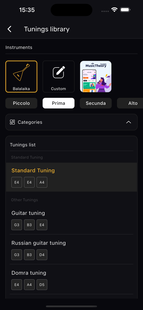 Balalaika Tuner – XTuner PRO - Tunings library screen in the Balalaika Tuner app showing various preset options for string instruments