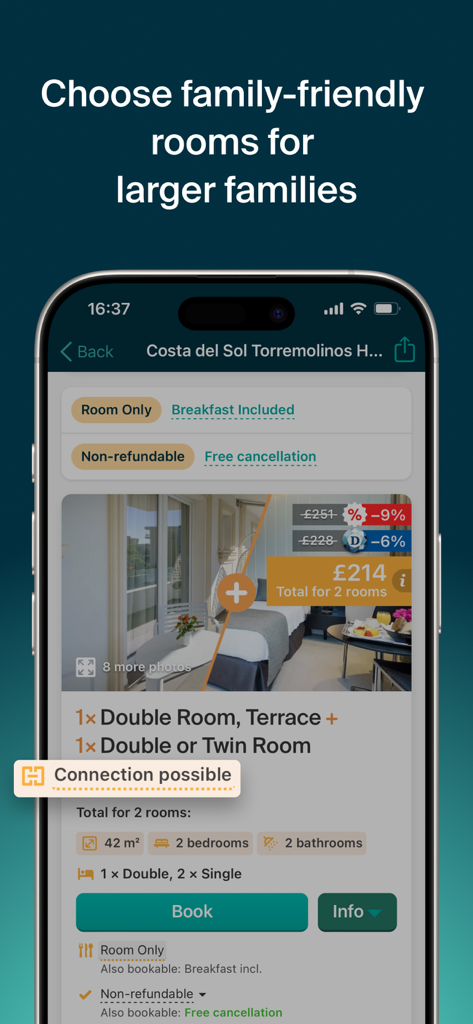 Halalbooking: Hotels worldwide - Halalbooking app screen showing family friendly room options and connecting rooms for larger families