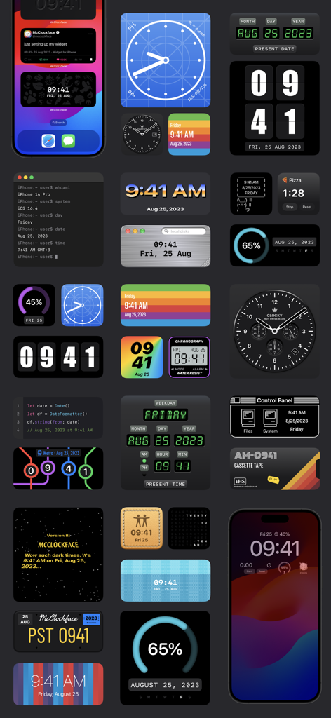 McClockface – Flip Clock - A collection of diverse clock and date widgets for iPhone featuring styles like retro flip clock VHS tape blueprint and metro map
