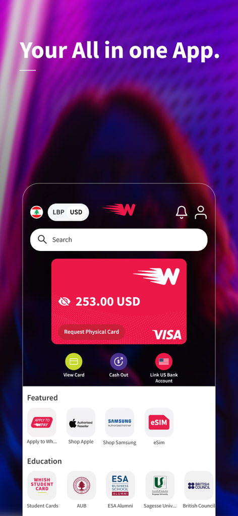 Whish Money - Whish Money app home screen showing a digital Visa card balance and financial services for international transfers