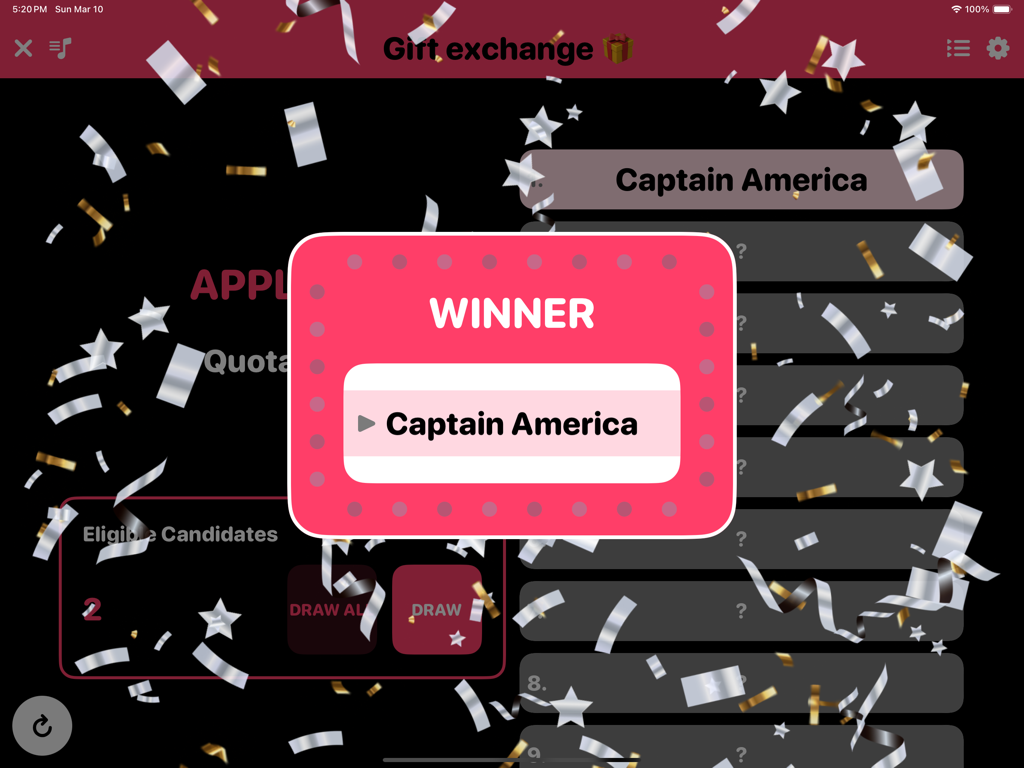 Lucky Draw Pro - Random Picker - A winner announcement popup on the Lucky Draw Pro app with falling confetti