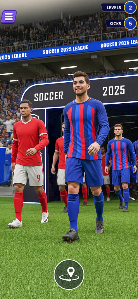 World Soccer Rematch League - 월드 사커 리매치 리그 경기장에 들어서는 빨간색과 파란색 유니폼의 축구 선수들