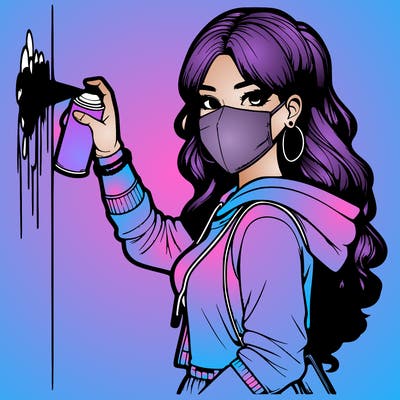 realistic girl with mask spray painting a wall