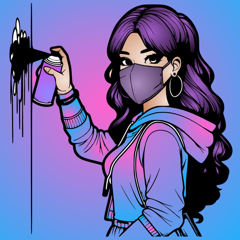 realistic girl with mask spray painting a wall