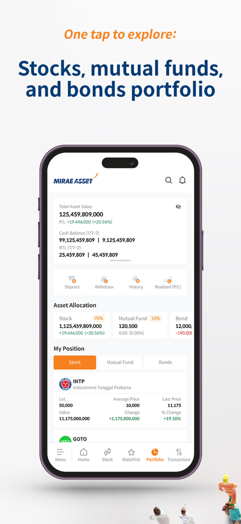 M-STOCK app interface displaying a financial portfolio with stocks and mutual funds allocation