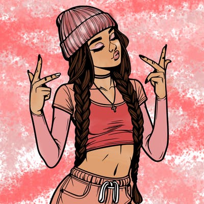realistic teenage girl with braids and a beanie and crop top doing 🫶🏼