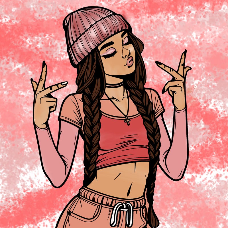 realistic teenage girl with braids and a beanie and crop top doing 🫶🏼