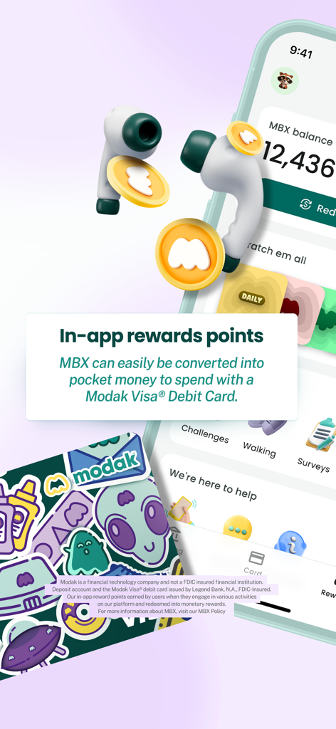 Modak app interface showing in-app MBX rewards points and a branded Visa debit card