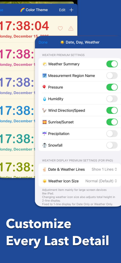 Mugen Clock - Mugen Clock app interface showing premium weather customization settings and colorful clock themes