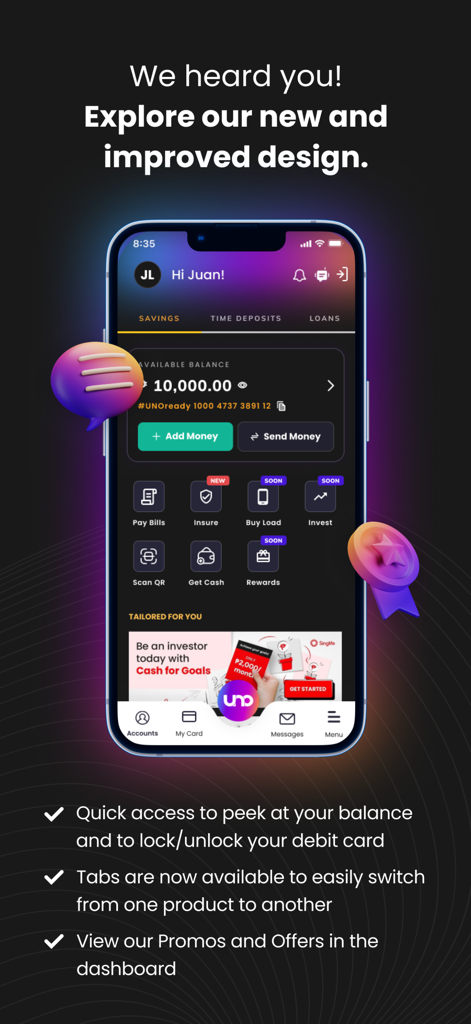 UNO Digital Bank mobile app dashboard showing account balance and financial features